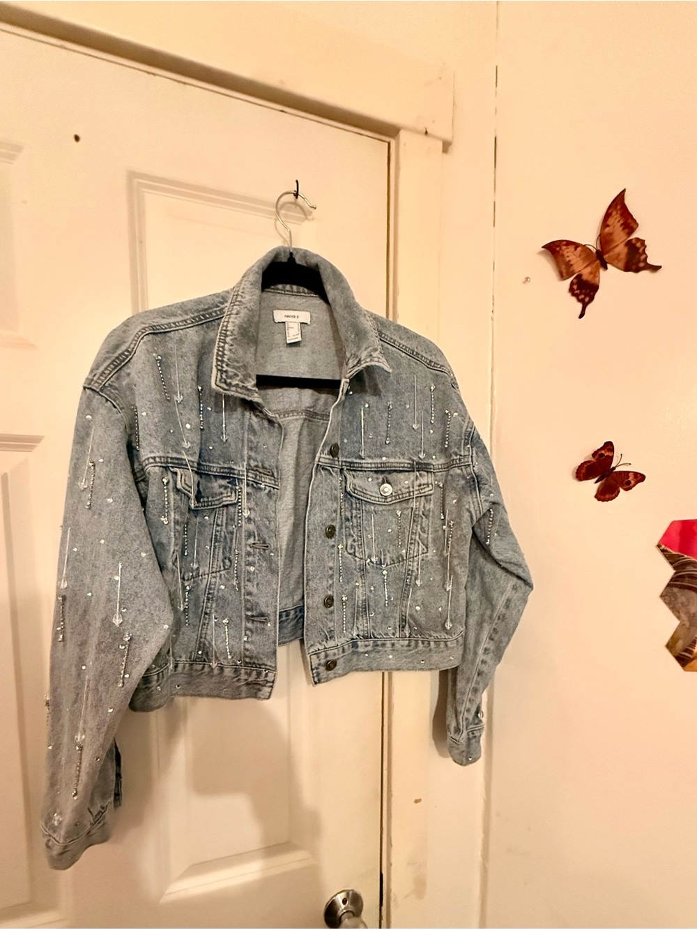 Forever 21 Light Blue Beaded Cropped Denim Jacket